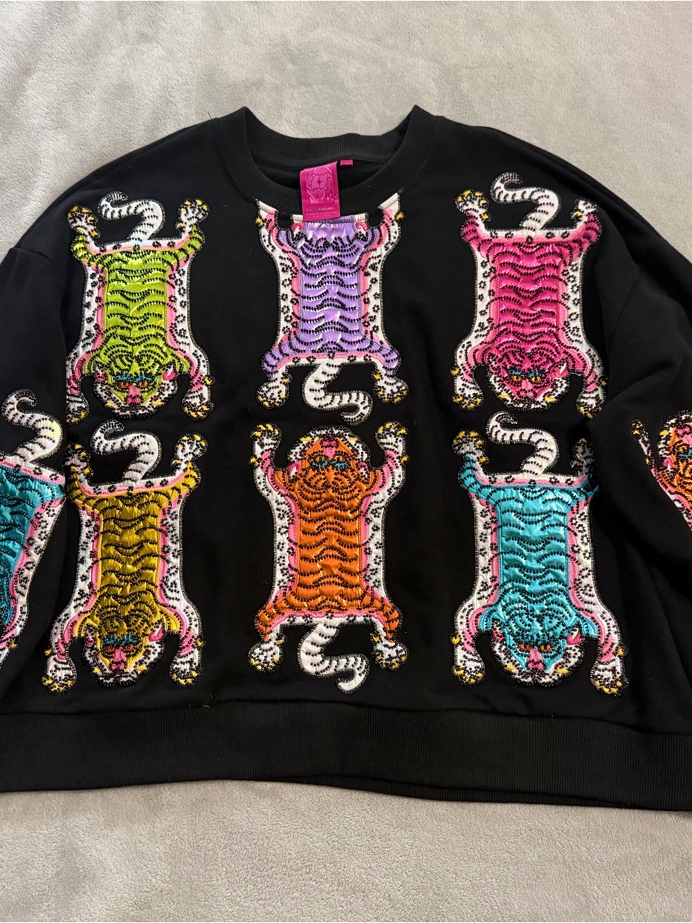 QUEEN OF SPARKLES Black Sweatshirt with Neon Tiger Patchwork